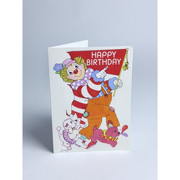 Other - Cute Vintage Birthday Card - Used 1980s Clown Colorful Parade Poodle Puppy Flag